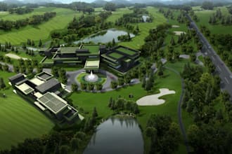 visualize golf club house,golf simulator render,golf course,3d golf venue design