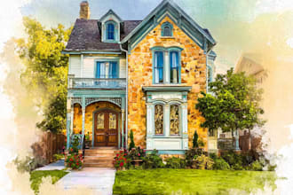 create house and building photo into watercolor art