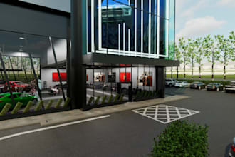 redesign 3d car showroom, realistic rendering, parking lot, bike, cgi,motorcycle