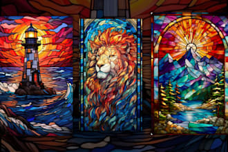 do custom 2d stained glass art, fantasy glass art, stained glass art
