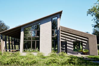 modern countryside house, pool and lounge area, blender model, cottage 2d layout