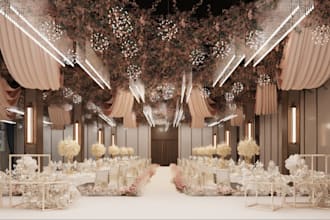 redesign 3d wedding event and hall decoration, stage, led wall, lighting render