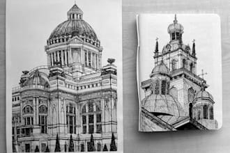 draw architecture, city landscape, nature in black and white