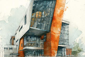 sketch architecture building with watercolor rendering