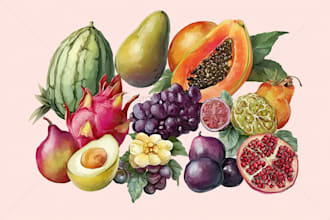 paint botanical illustration of plants, fruits, flowers, herbs