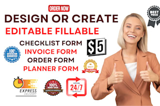 design or create editable fillable checklist, invoice, order form, planner