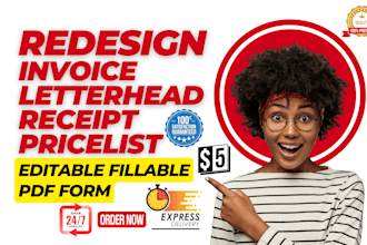 redesign invoice, letterhead and receipt pricelist in editable fillable pdf form