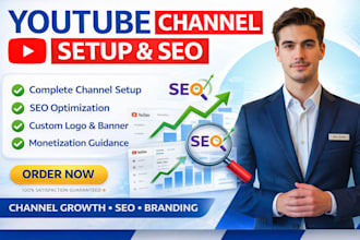 do youtube channel setup, SEO optimization, logo and banner