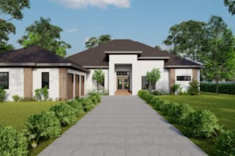 retouch 3d  villa exterior, outdoor rendering, landscape design, garden patio