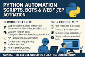 create powerful python automation scripts, bots and web scrapers for you