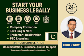 register your company with secp, fbr, ipo trademark, and pec