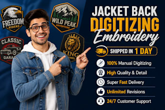 do jacket back digitizing embroidery and shipped in 1 day