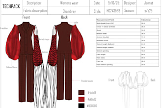 create clothing tech packs, fashion tech packs and technical flat sketches