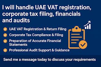 handle uae vat registration, corporate tax filing, financials, and audits