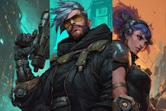design cyberpunk and fantasy character splash art