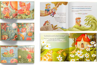 create children book illustration, ebook editor, minimalist adventure story