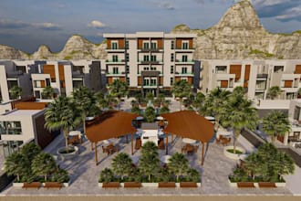 turn 2d dwg into 3d realistic school building, exterior elevation layout design