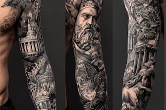 create a custom tattoo design , tattoo sleeve in realism