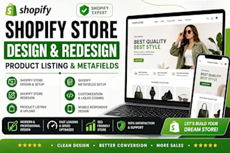 setup shopify store design, redesign, product listing and metafields