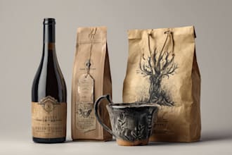 do unique bottle, tea packet, wine and pouch label design