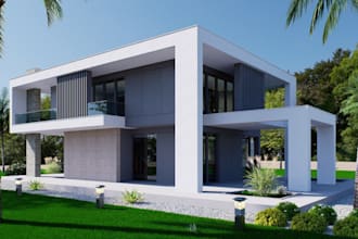 coast side 3d cottage,villa house,enscape 3d render,3d outdoor patio,layout plan