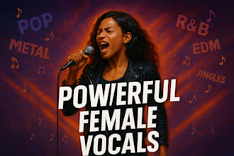 be powerful female singer, pop rock rnb metal indie edm vocals jingle theme song