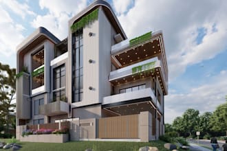 visualize 3d house layout, facade elevation, duplex home,exterior balcony render