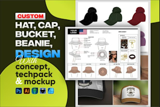 do hat tech pack cap techpack design flat sketch with mockup, beanie tech pack