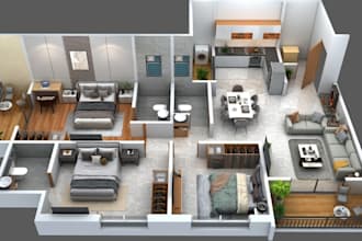 2d to 3d floor plan of existing space,cgi living room, master bedroom,3bhklayout