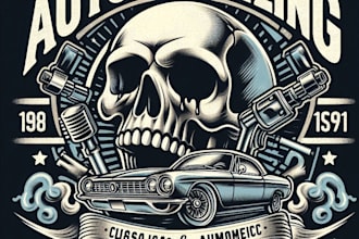 skull auto detailing, car wash, classic car, automotive logo with t shirt design