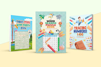 design custom word search puzzle book, kids handwriting workbook cover for KDP