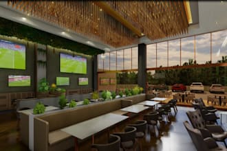 craft 3d sport bar restaurant, retail store, warm lighten,elegant cafe rendering