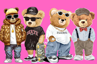 draw teddy bear cartoon character mascot vintage logo tshirt design street wear