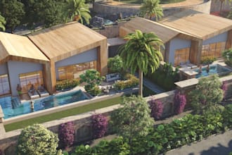 design modern resort private villa,farmland, landscape terrace,sitemap rendering