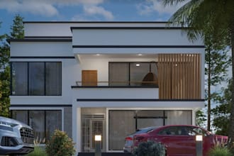 design luxury villa exterior, facade model, wooding shed, cgi apartment renders