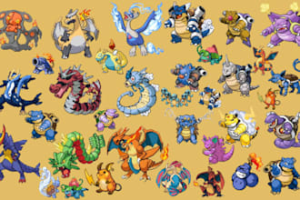 custom pokemon art, fakemon sprite sheet, pokemon trainer, danganronpa, gulmon