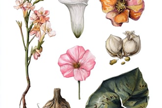 create botanical illustration of flowers, plants, and fruits