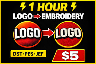 do fast embroidery digitizing in 1 hour logo to dst pes jef