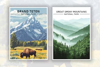 design vintage style travel posters with retro aesthetic, custom artwork