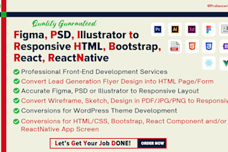 convert figma, PSD, ai into HTML page, wordpress, reactjs, vuejs