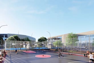 render cgi 3d sports complex stadium yoga gym center, tennis club courts model