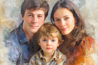 paint a family portrait into a digital watercolor painting with oil painting