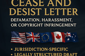 draft a cease and desist letter for defamation, harassment or copyright
