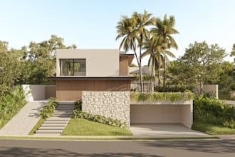 remodel 3d modern villa exterior, outdoor design,  landscape, stone facade,pool