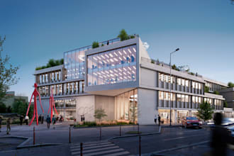 render office exterior,realisitc redering design,detail glass industry,park lot