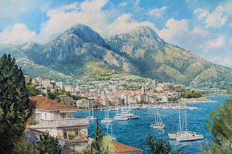 do watercolor landscape with mountains, sea, yachts, houses