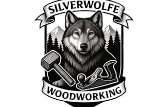 create a professional wolf and woodworking logo in one frame and business card