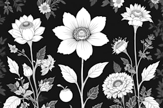 draw botanical line art illustration flower, plant, fruits