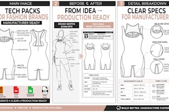 create professional technical flat sketches and tech sheets