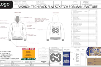 design clothing tech pack and flat sketches for activewear